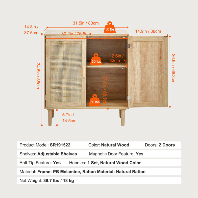 Armoire de rangement en rotin avec tablettes réglables et portes magnétiques