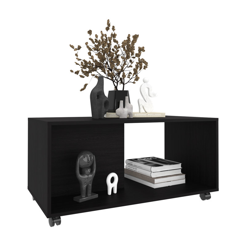 Table basse de salon de 36 po de largeur rectangulaire noire avec motif et une tablette