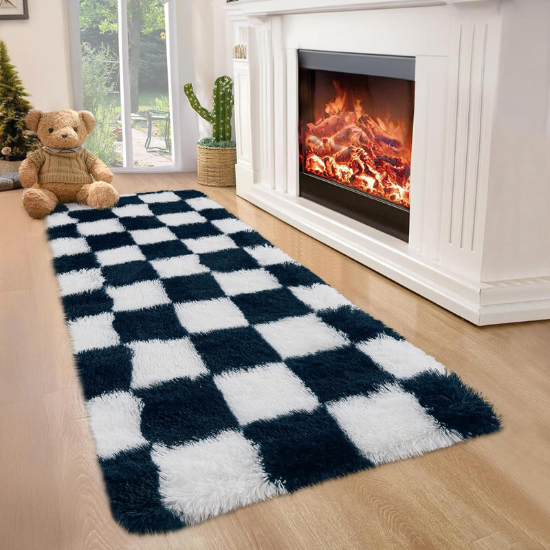 2x6 Runner Rug - Machine Washable, Non-Slip, Stain-Resistant Checkerboard Plush Carpet for Hallways, Entryways, Bedrooms (Navy Blue)