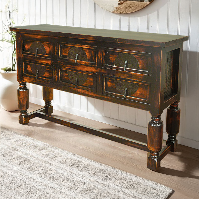 Six-Drawer Black Wash Buffet with Iron Inserts