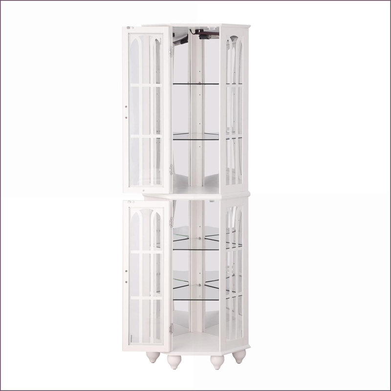 Corner Curio Cabinet with 4 Adjustable Tempered Glass Shelves, Lighting, Solid Wood Legs &amp; Mirrored Back | MDF+glass,Solid Wood+MDF | Shabby Chic