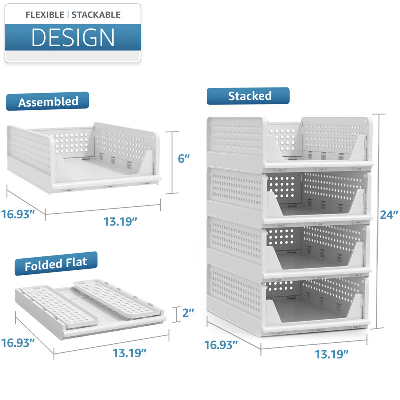 Sorbus 4 Pack Folding Shelf Organizer - Stackable Closet Shelf Organizer Baskets for Clothes, Closet, Bathroom, Kitchen, Garage - Easy Access Open Front Design Under Shelf Organizer, Small