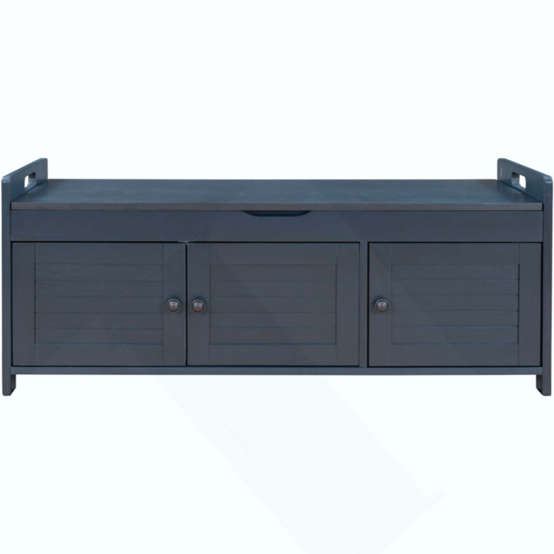 Banc de rangement rustique avec 3 portes à volets, coussin amovible et rangement dissimulé à plateau relevable, banc à chaussures polyvalent