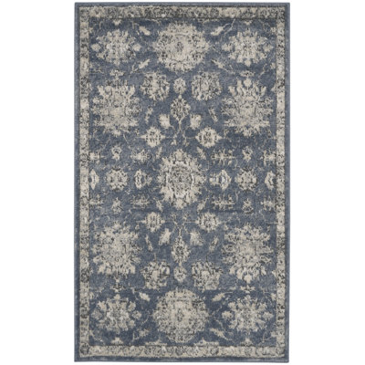 Blue And Beige Oriental Power Loom Non Skid Rug