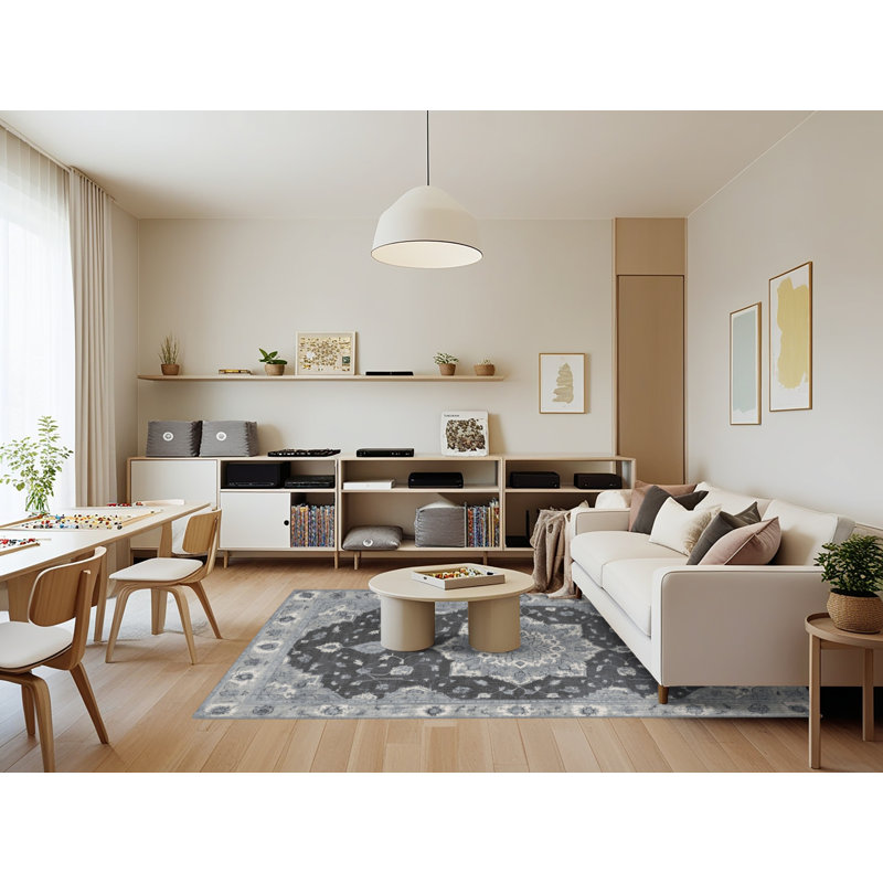 Tapis gris Tabriz lavable à la machine, Rectangle 7 pi x 9 pi