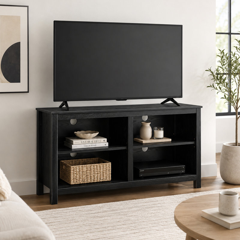 Meuble télé pour téléviseur de 65 po ou moins avec tablettes Biruta, Noir