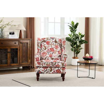 Fauteuil rétro en bois à motif floral rouge, idéal pour la chambre à coucher, avec siège en mousse haute densité, revêtement résistant à l'usure et coussin, pieds en caoutchouc antidérapants.