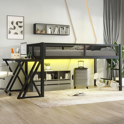 Gaming Loft Bed With Desk, LED And Staircase, Metal Loft Bed Frame With Undercarriage Storage, Loft Bed For Bedroom & Gaming Room, Black