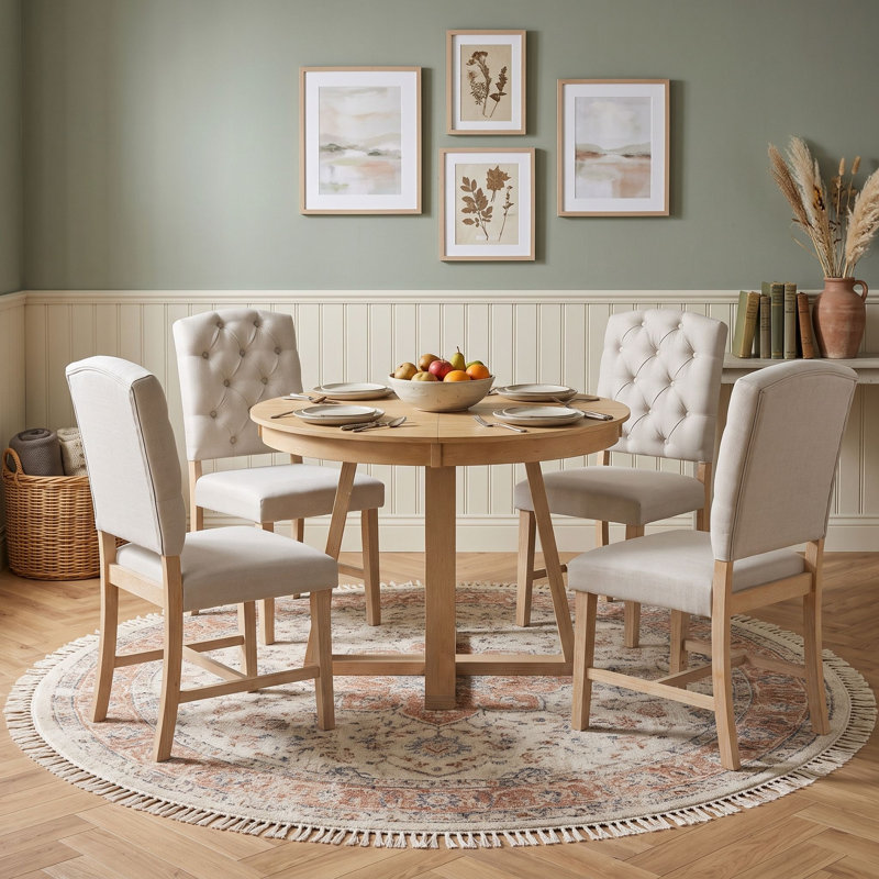 Ensemble de salle à manger extensible 5 pièces avec chaises rembourrées et rallonge, Naturel