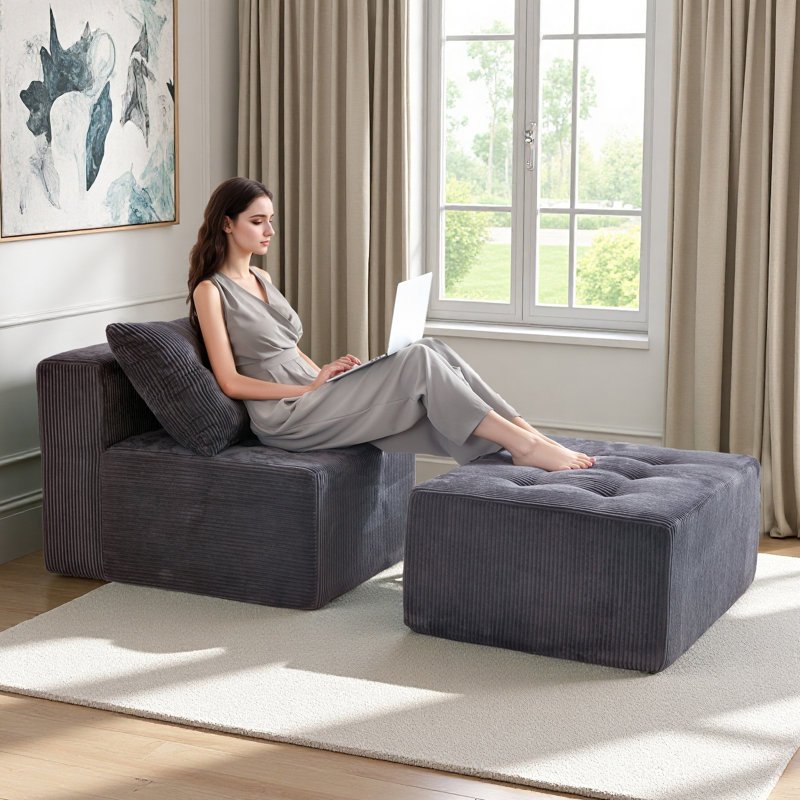 Canapé modulaire avec méridienne, Velours côtelé gris