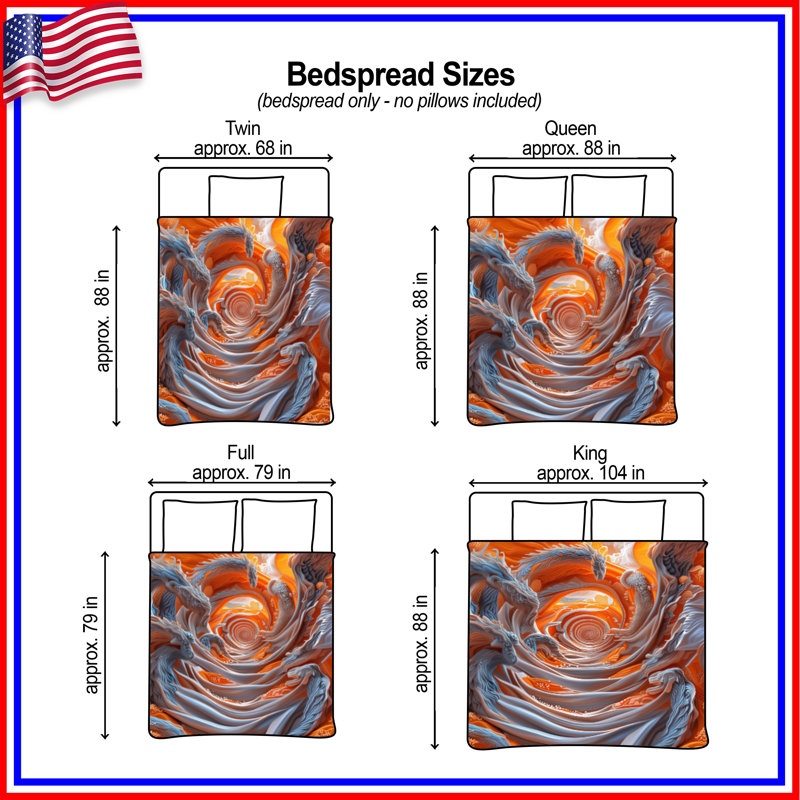 Orange Spiraling Dragons Quilted Bedspread All Sizes, Twin