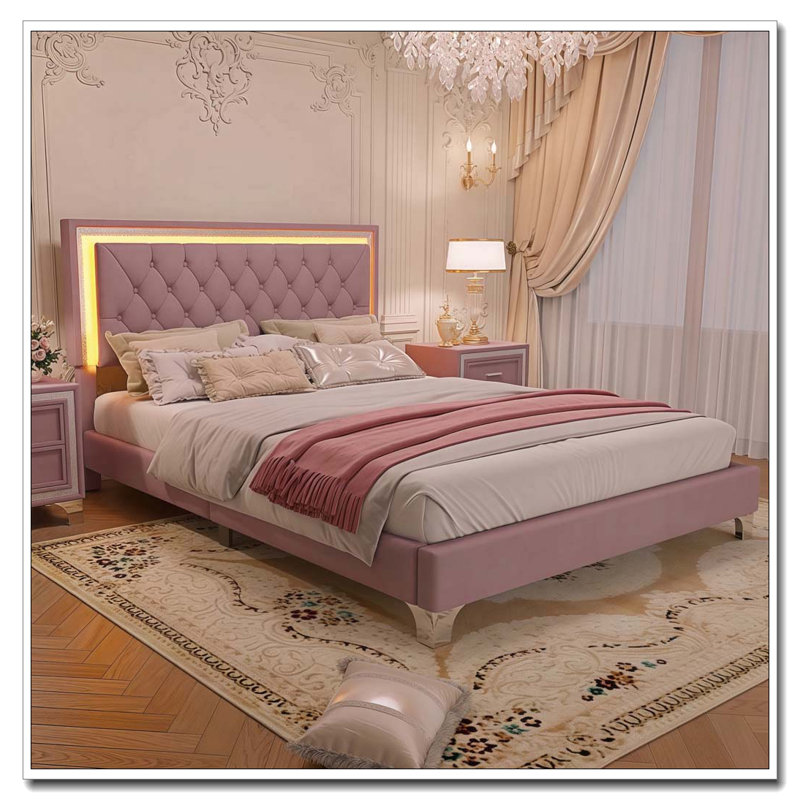 Grand cadre de lit tapissier grand avec lumières DEL et tête de lit capitonnée, rose