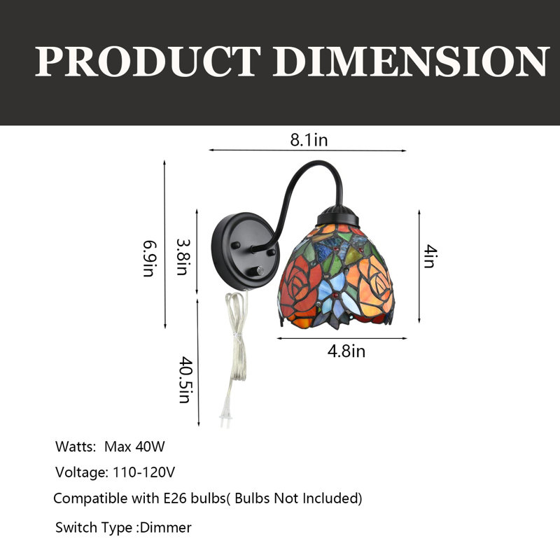 Lampe murale Tiffany, lampe murale avec interrupteur à intensité variable, applique murale avec deux voies de connexion