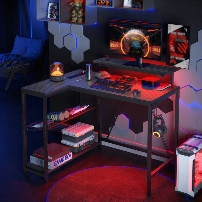 L-shaped Computer Desk with Power Outlet, Gaming Desk with Monitor Stand and Shelves, Carbon Fiber Black/Black
