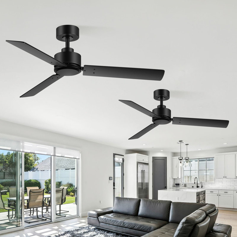 Ensemble de 2 ventilateurs de plafond de 48 po avec télécommande, ventilateur de plafond moderne à 3 pales, moteur à courant continu réversible silencieux, ventilateur à fixation par tige à 6 vitesses, finition noire