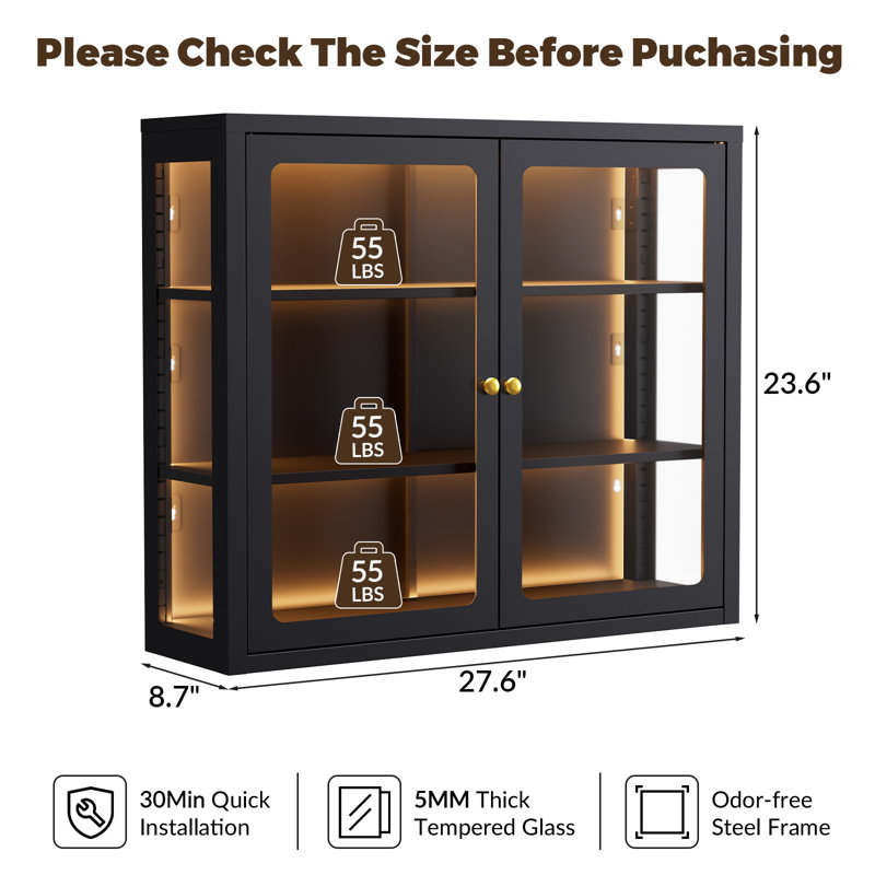 Wall-Mounted 3-Sided Glass Display Metal Cabinet With Double Doors, Matte Black