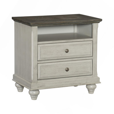 Classic Light Gray Finish 1Pc Nightstand With 2X Drawers And Storage Cubby Dark Brown Top Modern Farmhouse Design Bedroom Furniture Side Table