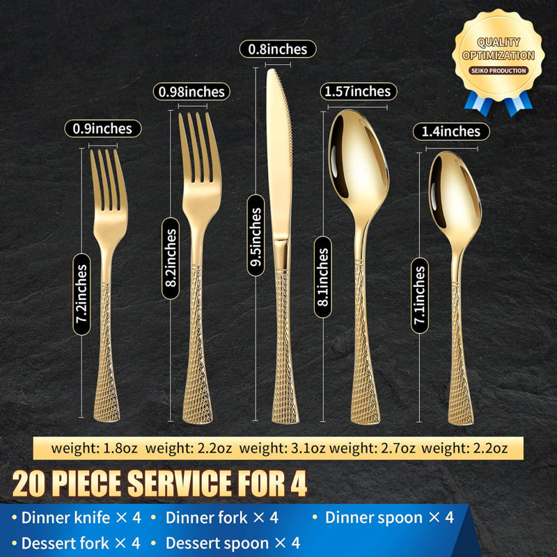 Ensemble de couverts 20 pièces en acier inoxydable martelé pour 4 personnes, ensemble de couverts en argent poli miroir avec poignées antidérapantes, ustensiles de cuisine allant au lave-vaisselle