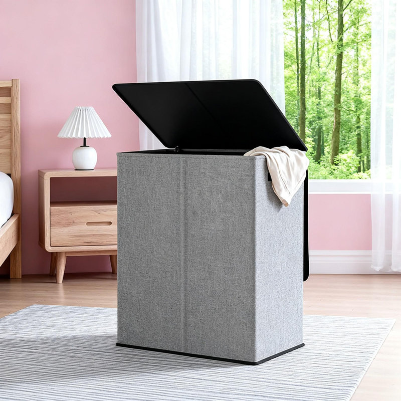 Double Laundry Hamper With Lid And Removable Bags, Large 2-Section Collapsible Hamper  (Grey), Gray