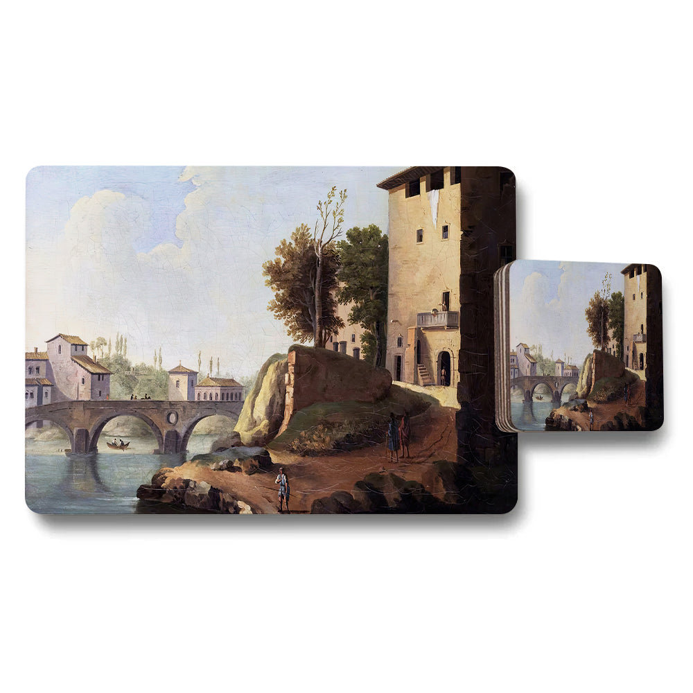 Placemat and Coaster Set Featuring Classic River Bridge Landscape Art