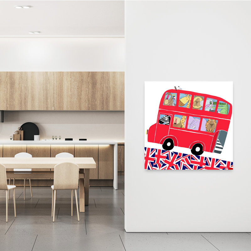 Safari Animals London Bus Contemporary Crocodile Elephant Giraffe City Wall Art Print by Carla Daly - Wrapped Canvas Print