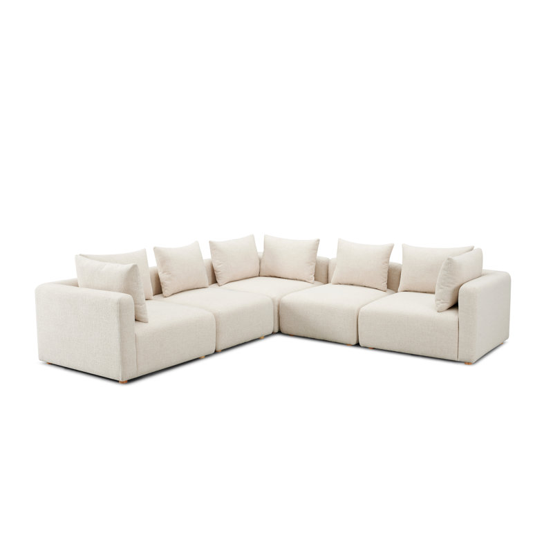 Canapé modulaire en L 5 pièces Tov Furniture, Tissu texturé crème, Bois naturel