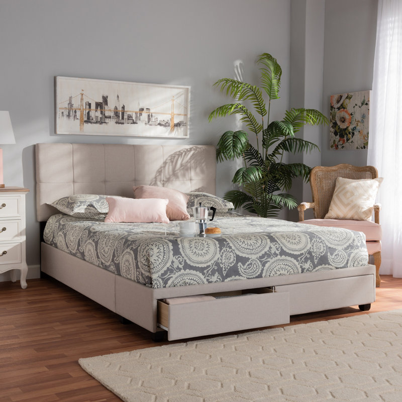 Lit plateforme tapissier avec rangement Hesiod, Beige, Grand