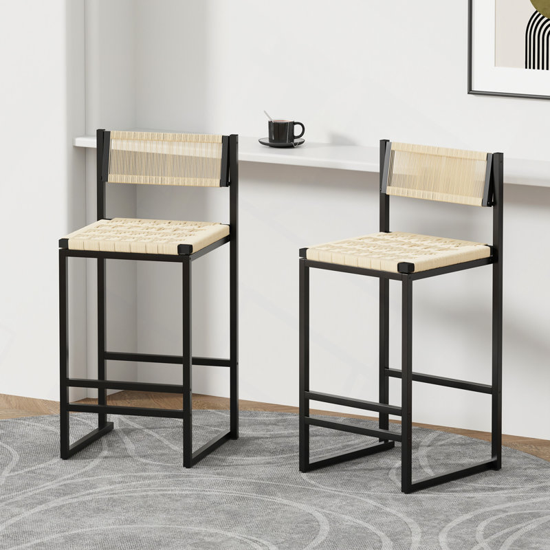 Ensemble de 2 tabourets de bar tissés avec dossier en corde de papier tissé pour îlot de cuisine, Blanc crémeux