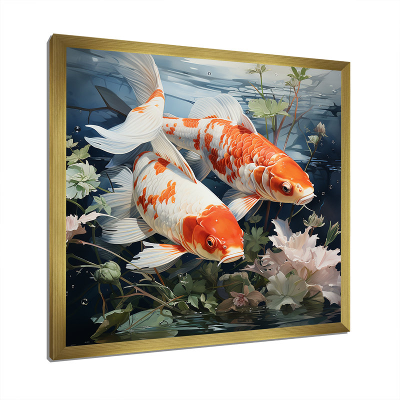 «China Orange Tranquil Koi Pond Oasis», art mural Chine, Cadre doré simple, H 30 po x l 30 po x P 1,5 po