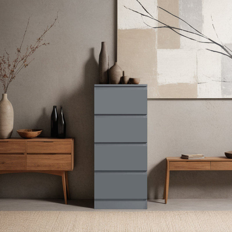 Warren 4 Drawer Tallboy Chest Of Drawers. 40cm Wide. High Gloss Front. Scratch Resistant. Modern No Handle Design., Grey