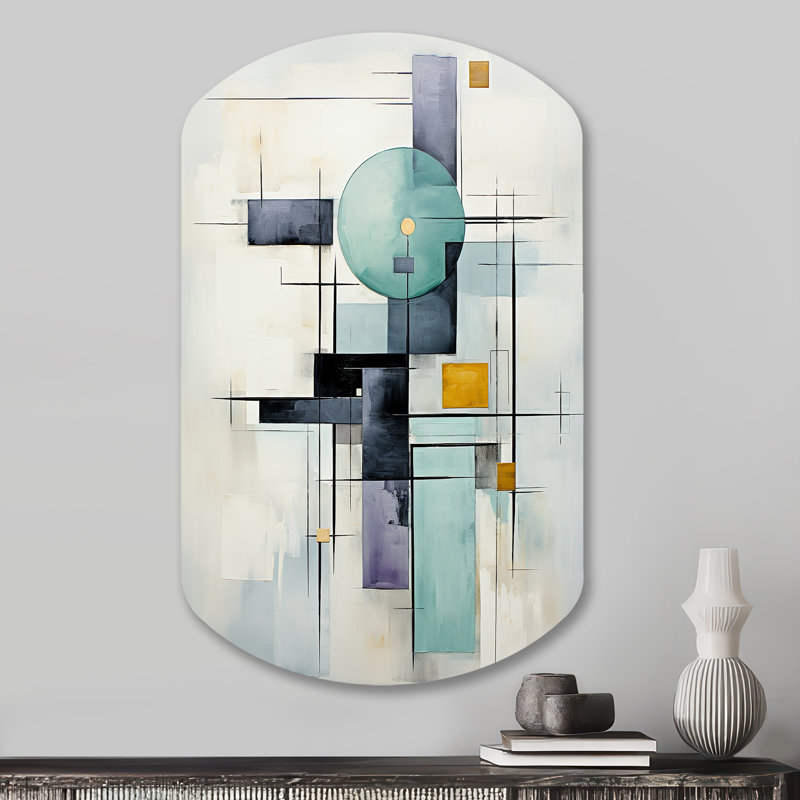 Impression sur métal cylindrique blanche, bleu et blanc, suprématisme harmonieux, H 31 po x l 19 po x P 1 po