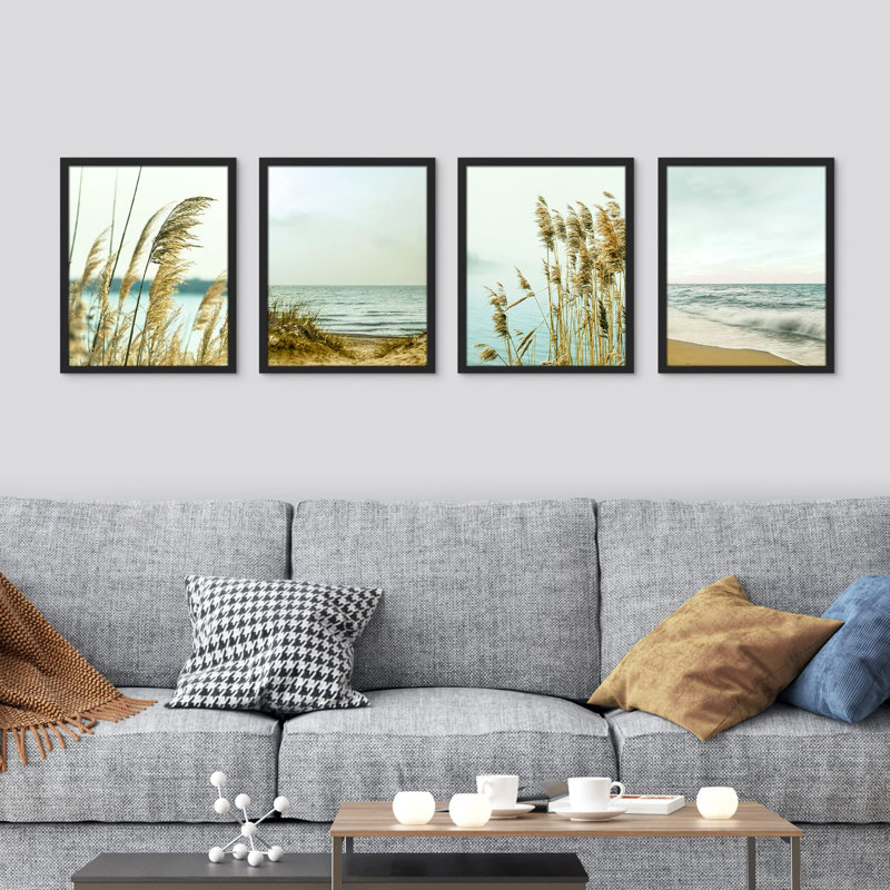 «White Winter California Beach Grass Ocean Horizons», impression sur papier 4 pièces, H 14 po x l 11 po, Noir