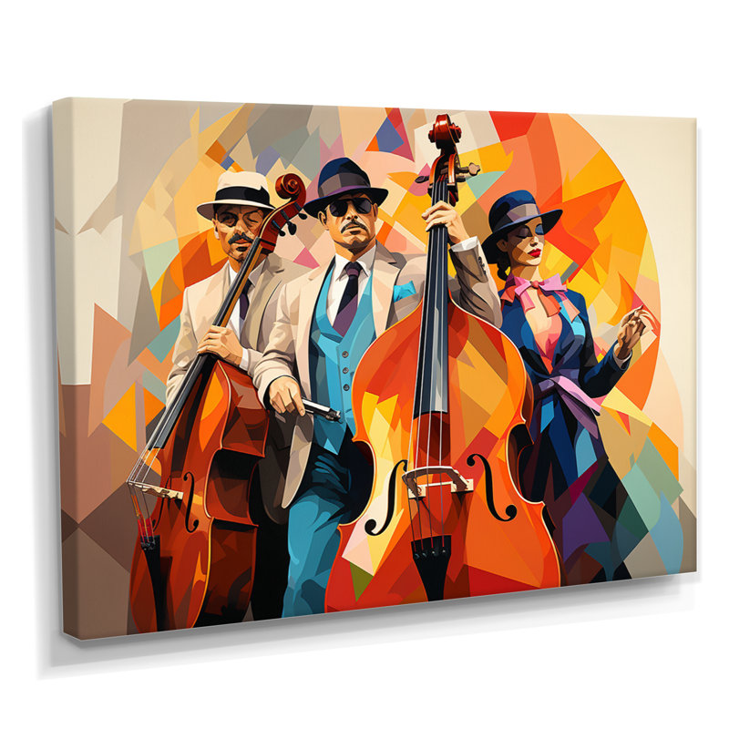 Jazz trio contrebasse et chanteur géométrique, Toile tendue, H 30 po x l 40 po x P 1,5 po