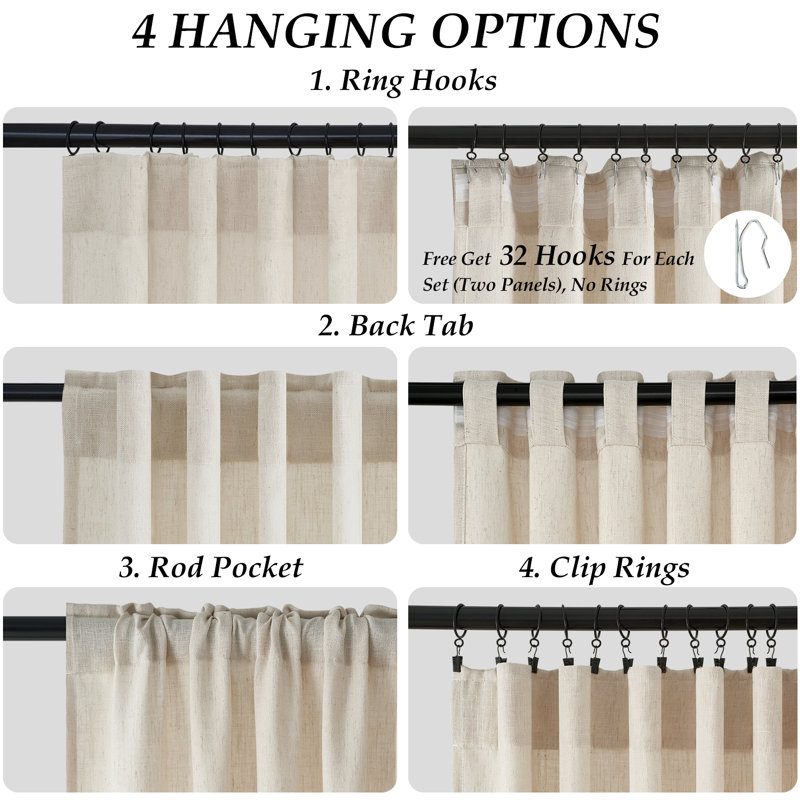 Linen Back Tab Curtains,Light Filtering Curtain, Thick Linen Textured Semi Sheer Drapes(Set of 2,With Hooks), 52" W x 96" L