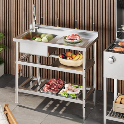 NSF Stainless Steel Utility Sink, Freestanding Single Bowl w/Pull-Out Hot & Cold Faucet, Shelf & Adjustable Legs