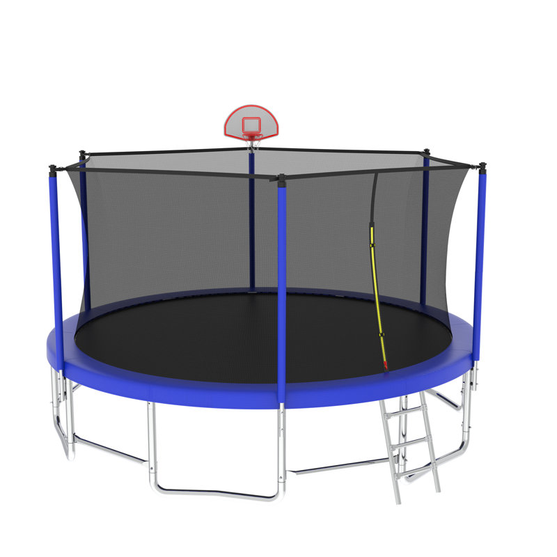 16 ft Blue Round Outdoor Trampoline with Enclosure and Basketball Hoop