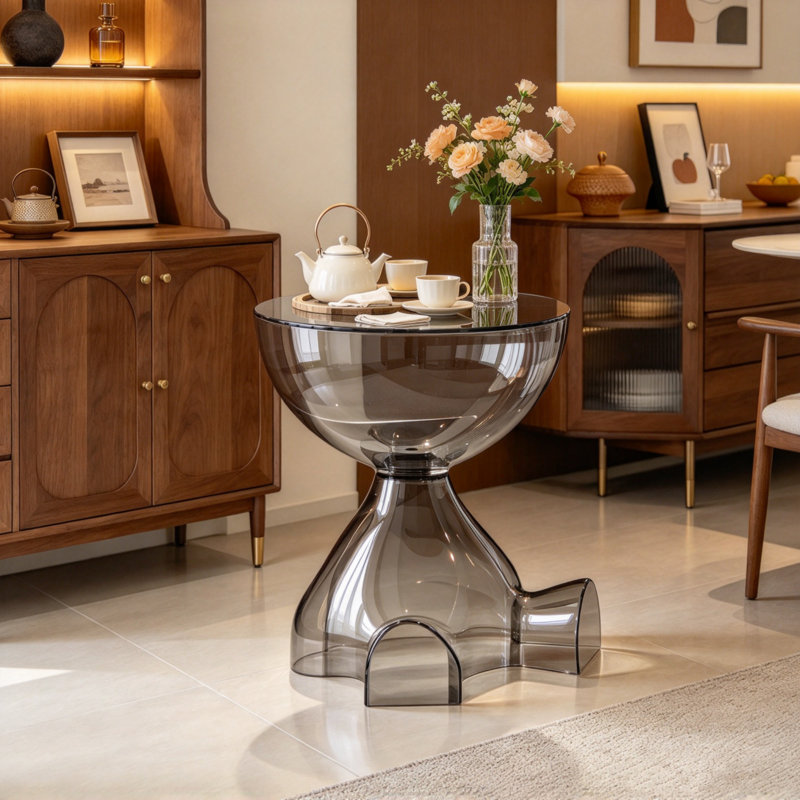 Table d'appoint ronde en acrylique noir transparent de 27 cm de diamètre, avec un joli bol servant de table de rangement et de décoration. Parfait pour le salon, la chambre et le balcon.