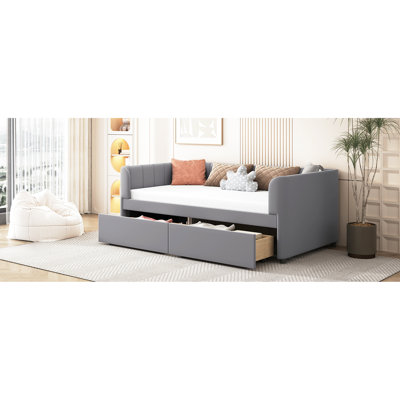 Twin Daybed With 2 Storage Drawers And Ergonomic Back, Gray Finish Size Back Support Pull-out Drawers,