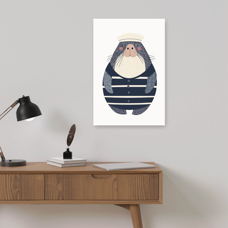 Cute Sailor Seal Playful Whimsical Animal Ocean Wall Art Print 1 Piece Wrapped Canvas Wall Art, 45.72cm H x 30.48cm W