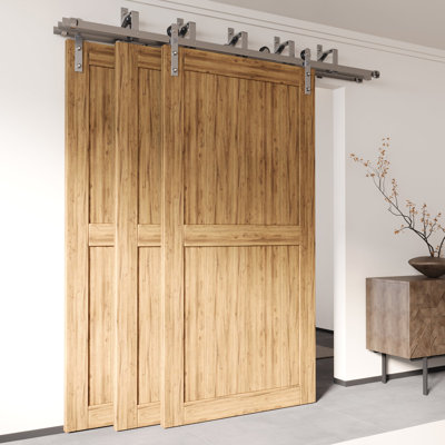 Brushed Nickel Triple Track Bypass Sliding Barn Door Hardware Kit (for Door Thickness 1-3/8in ~ 1-3/4in), Three 7.5ft Long Flat Tracks, for Three Interior Doors (Doors not Included）