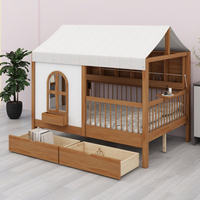 House Bed With 2 Large Drawers, Side Bookshelf With LED Strip