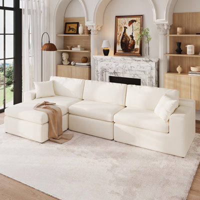 108" L-Shaped Cloud Modular Sectional Sofa For Living Room, Deep 3-Seat Couch With Ottoman, Beige