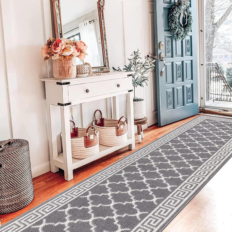 Tapis de cuisine antitaches, 96" L x 24" W, Gray Geometric Shapes