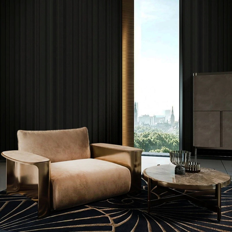 Papier peint texturé à rayures gaufrées et or noir métallique