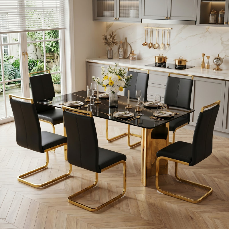 Modern 7-Piece Rectangular Faux Marble Tempered Glass Dining Set with Faux Leather C-Shaped Chairs, Black