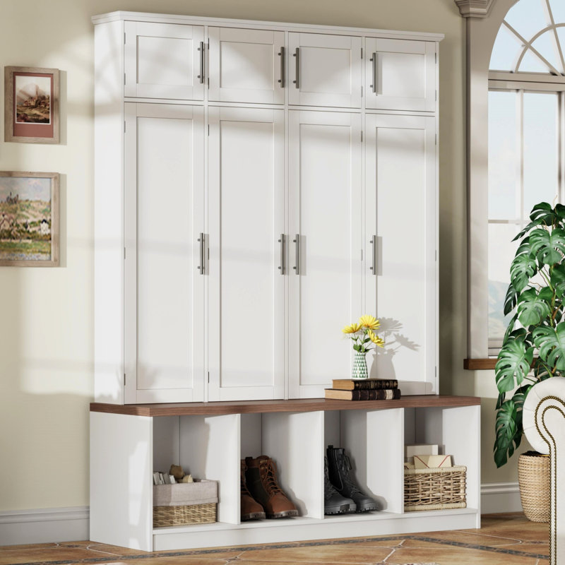 Farmhouse Hall Tree with Hidden Hanging Hooks, Versatile Seating Bench and Shoe Cabinet, White