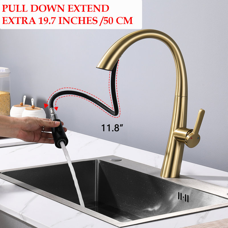 Single Handle Brushed Gold Kitchen Faucet - Stainless Steel Pull Out, 16.5 Inch Overall Height, High Arch Spout Out Tap Steel, 9.05 Reach, Spout, Build