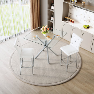 Modern Glass Bar With X-shaped Base And White Pu Leather Chairs - Space, Easy Maintenance, Comfortable Seating Contemporary Counter Height Table Stools, Frame, Upholstery Small Space Alternative