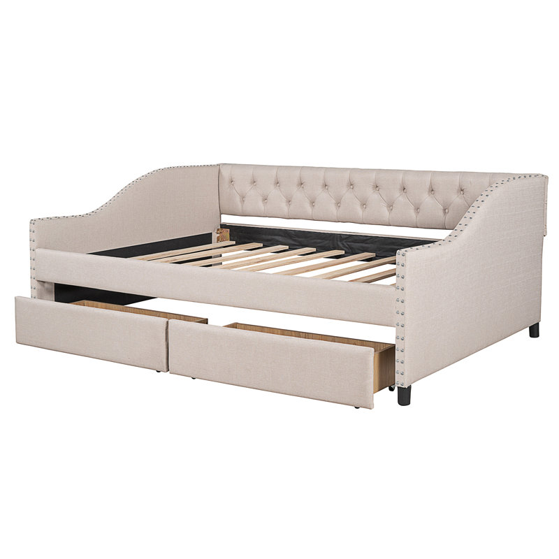 Upholstered Daybed With Two Drawers, Beige