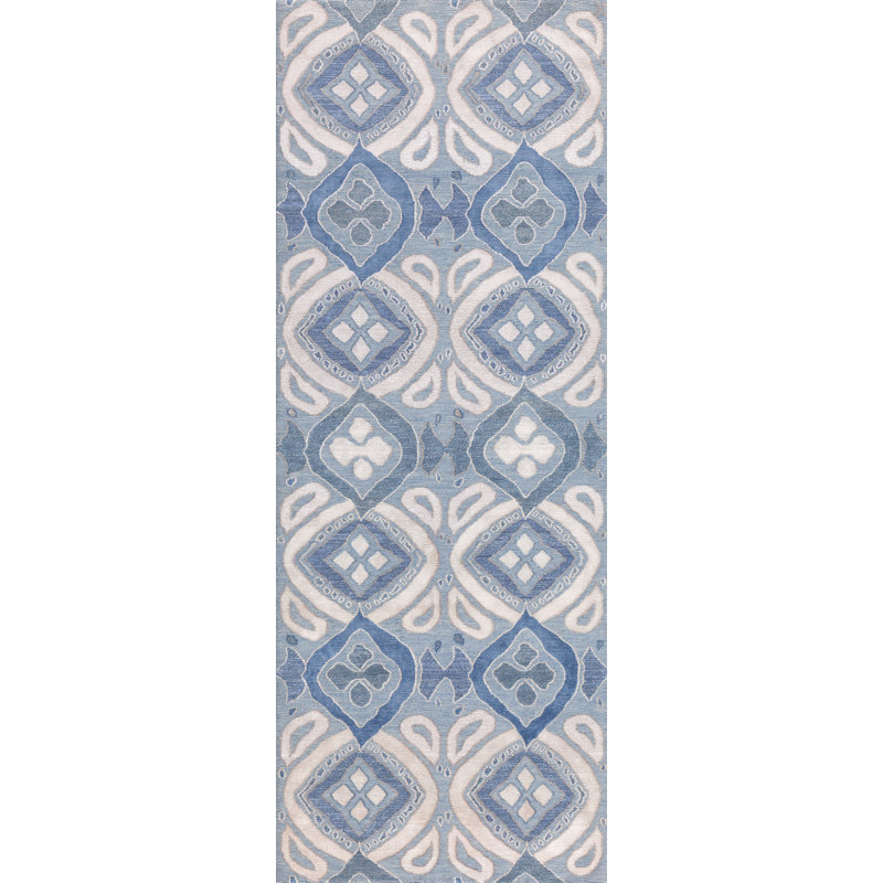 Bali Geometric Area Rug in Blue/Ivory, Runner 3' x 6'